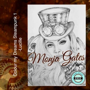 May include: A black and white drawing of a woman with a steampunk-style hat and goggles. The drawing is signed "Monja Gates" and includes the text "Hand Drawn #NO AI".