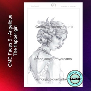 May include: A black and white pencil drawing of a woman with short, wavy hair wearing a headband and a beaded necklace. The woman is looking over her shoulder and has a serious expression on her face. The drawing is titled "Angelique the flapper girl" and is signed "@monjacolourmydreams".