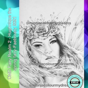 Puede incluir: Un dibujo a lápiz en blanco y negro de un hada con una corona de rosas y cabello suelto. El dibujo está etiquetado como "CMD Fairy Realm 2 - Hughnique the spring fairy-Faebruary 2021" y "# NO AI".