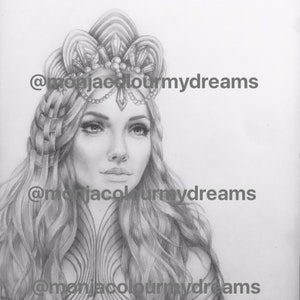 May include: A black and white pencil drawing of a woman with long hair wearing a crown. The woman is looking to the right of the image. The drawing is signed "Marta 18.04.22".