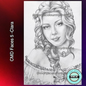 May include: A black and white pencil drawing of a woman with long, curly hair. She is wearing a white off-the-shoulder blouse with a floral pattern. The drawing is signed "#NO AI ART WORK BY MONJA GATES".