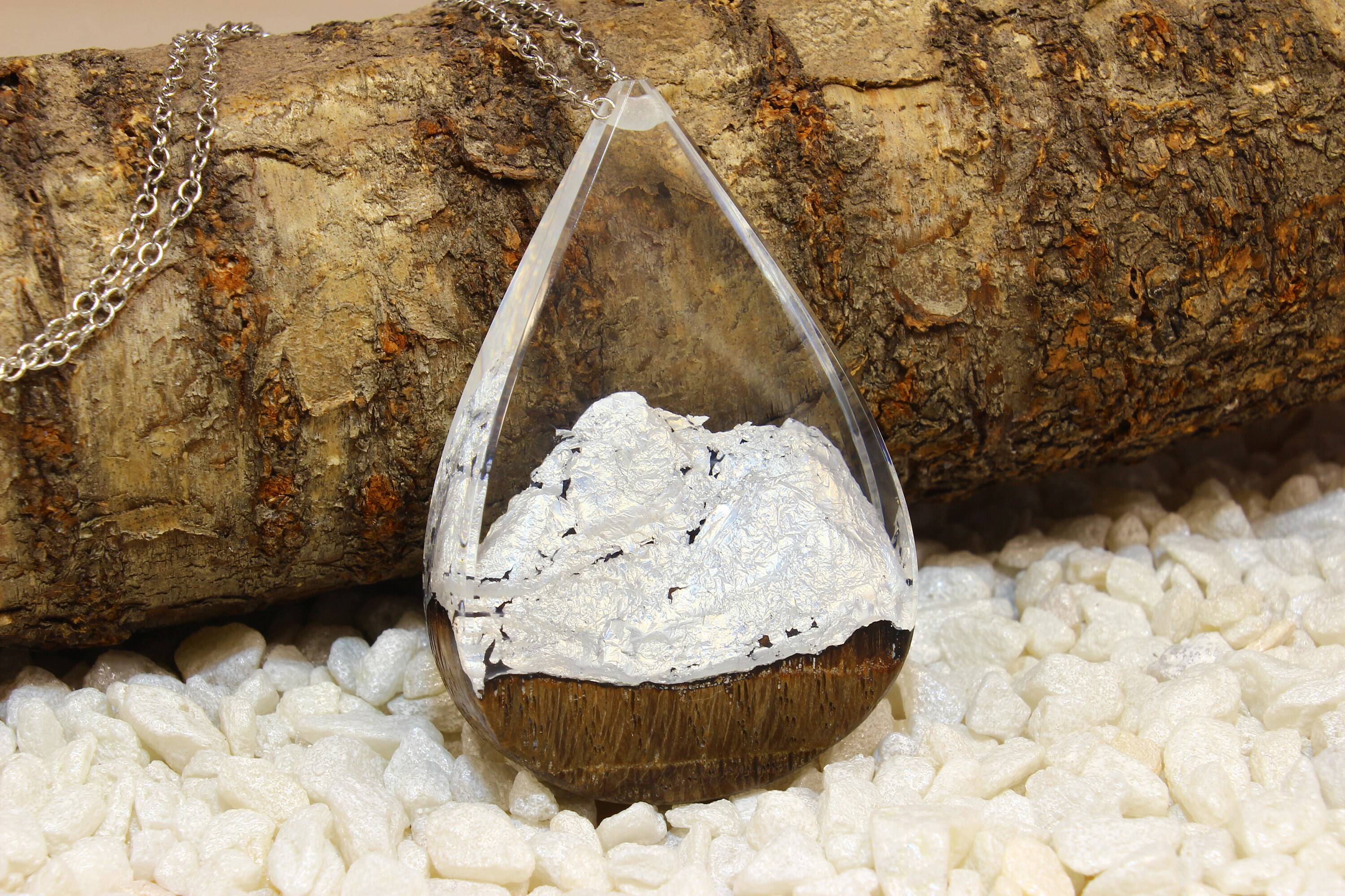 Wooden pendant with silver coating necklace for women Etsy