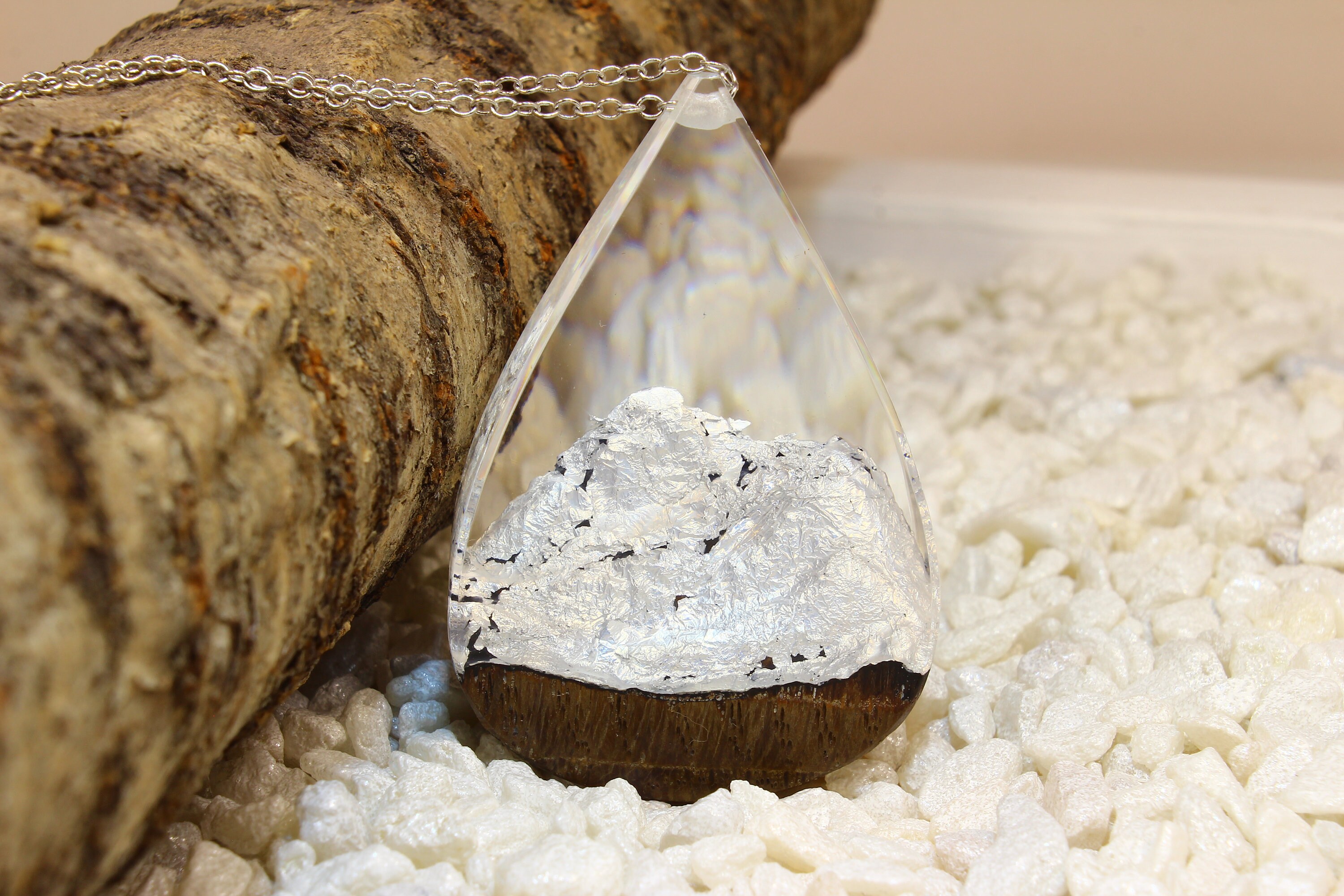 Wooden pendant with silver coating necklace for women Etsy