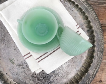Two Jadeite Fire King Jane Ray Teacups and Saucers - Vintage 1960s Farmhouse Kitchen Decor - FREE U.S. SHIPPING!