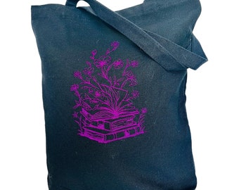 Floral Book Embroidered Cotton Canvas Tote Bag