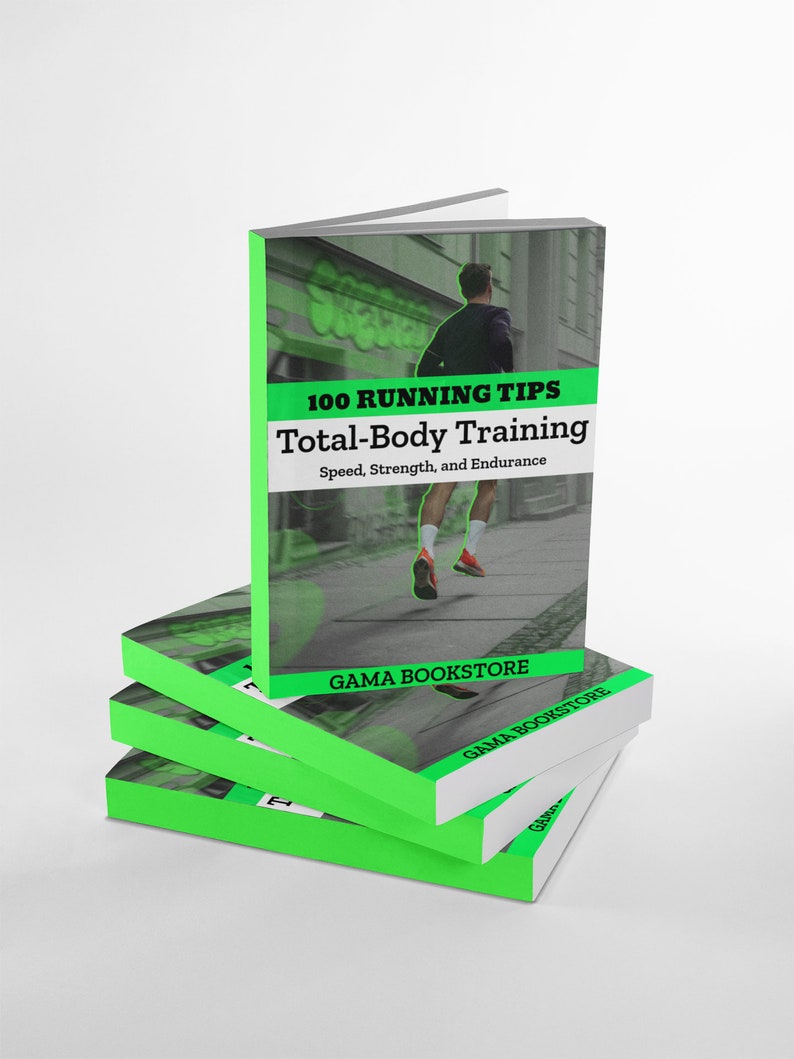 Puede incluir: Una pila de libros con bordes y cubiertas de color verde brillante. El libro superior est&aacute; abierto, mostrando un corredor y el t&iacute;tulo "100 RUNNING TIPS Total-Body Training". Tambi&eacute;n es visible el texto "Speed, Strength, and Endurance". El nombre de la librer&iacute;a "GAMA BOOKSTORE" est&aacute; impreso en la parte inferior.