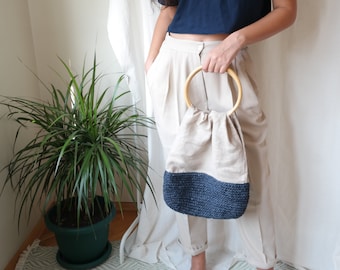 Raffia Bamboo Handle Linen Fabric Bag - Modern Uniqe Design