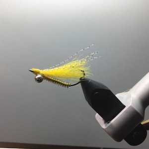 May include: A yellow and silver fly fishing lure with a bead head and a long, feathery tail.