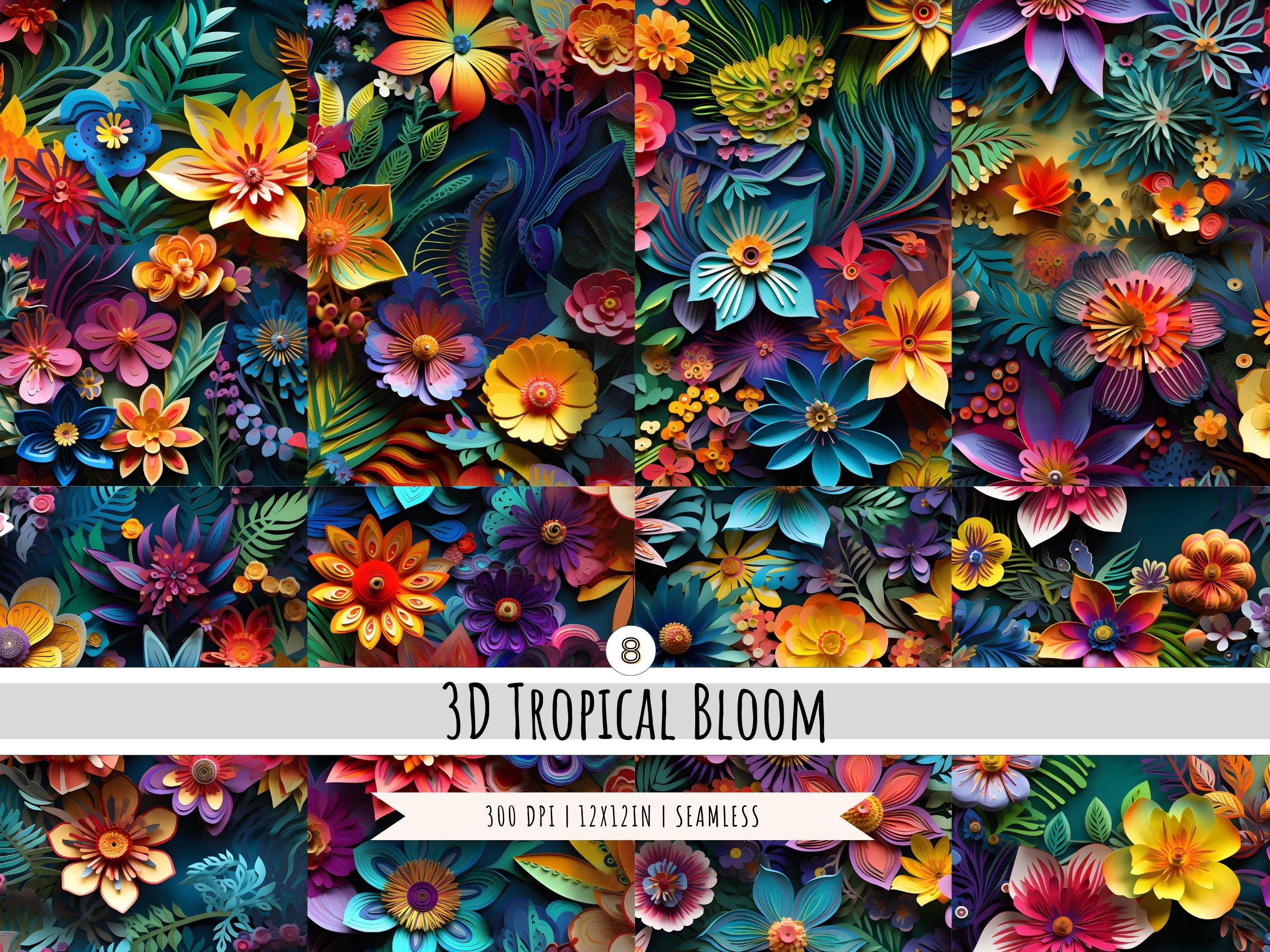 3D Floral Medley Digital Paper - 8 Designs - Tropical Flowers ...