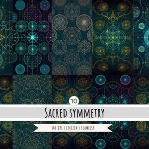 May include: A set of 10 digital seamless patterns featuring sacred geometry designs in gold and blue on a dark green background. The patterns are titled "Sacred Symmetry" and are 300 DPI, 12x12 inches.
