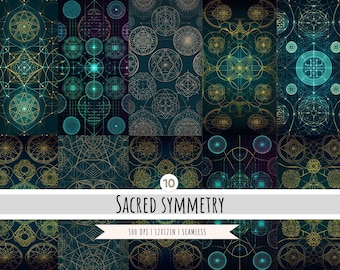 Gold Sacred Geometry Digital Paper 10 Designs SEAMLESS Patterns universe geometric designs backgrounds instant download commercial use