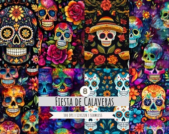 Day of the Dead Digital Paper - SEAMLESS - 8 Designs - Sugar Skulls - Dia De Los Muertos - Sublimation Designs - Instant Digital Download