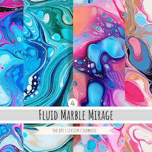 May include: Four seamless digital paper patterns featuring abstract fluid marble designs in shades of blue, pink, purple, white, and gold.  The patterns are 300 DPI and 12x12 inches.