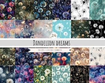 Dandelion Puffs Digital Paper - 24 Designs - SEAMLESS Patterns - Colorful pattern - Dandelion Flowers - 300dpi
