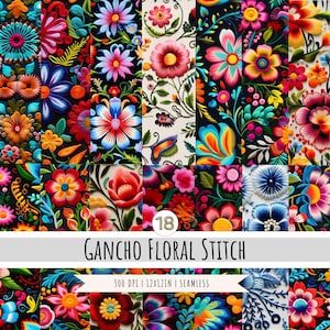 Papel digital de flores bordadas mexicanas - 18 designs - Padrões SEM EMENDA - Padrão colorido - Arte popular mexicana - Arte bordada mexicana
