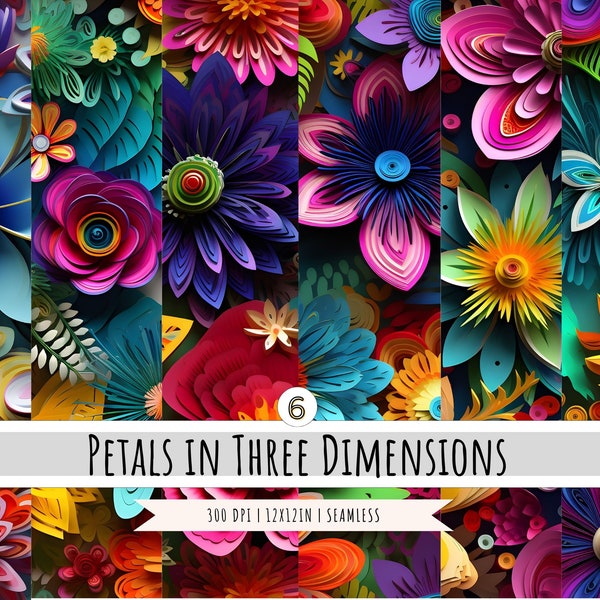 3D Floral Medley Digital Paper - 6 Designs - SEAMLESS Patterns - 3d Flower - 300 DPI - Sublimation Design - Commercial Use