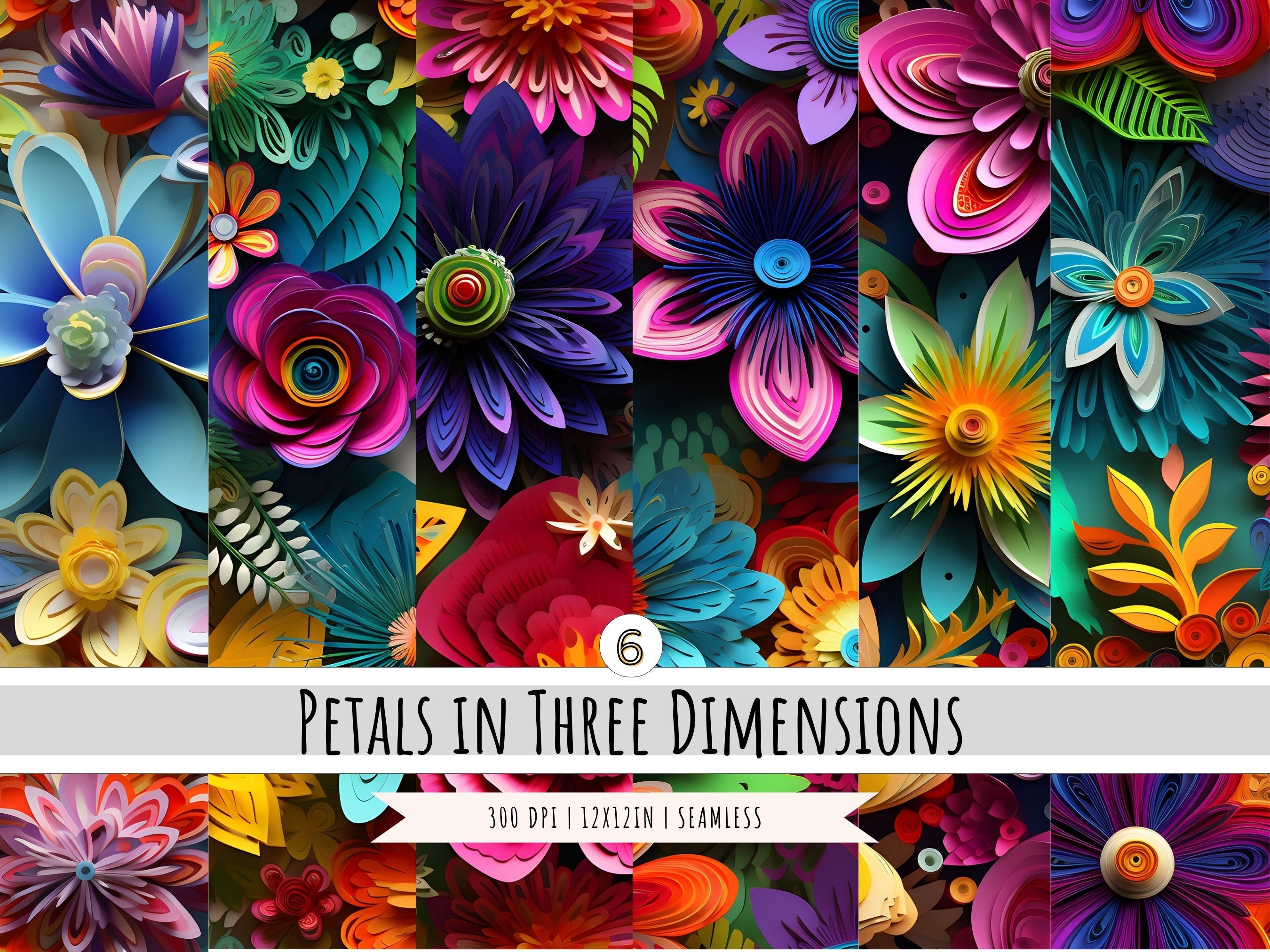 3D Floral Medley Digital Paper - 6 Designs - SEAMLESS Patterns - 3d Flower - 300 DPI - Sublimation Design - Commercial Use
