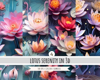 3D Lotus Flower Digital Paper - 4 Designs - SEAMLESS Patterns - 300 DPI PNG format instant download for commercial use