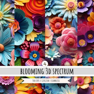 3D Floral Medley Digital Paper - 4 Designs - SEAMLESS Patterns - 3d Flower - 300 DPI - Sublimation Design - Commercial Use