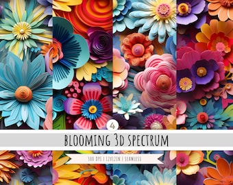 3D Floral Medley Digital Paper - 4 Designs - SEAMLESS Patterns - 3d Flower - 300 DPI - Sublimation Design - Commercial Use
