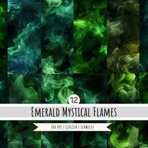 May include: Twelve seamless digital paper patterns featuring abstract green and blue flames on a black background.  Emerald Mystical Flames. 300 DPI | 12x12 in | Seamless.