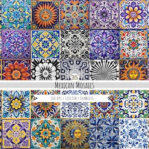 Puede incluir: Un conjunto de 35 patrones digitales sin costuras con diseños coloridos de azulejos mexicanos. Los patrones son de 12x12 pulgadas y 300 DPI.