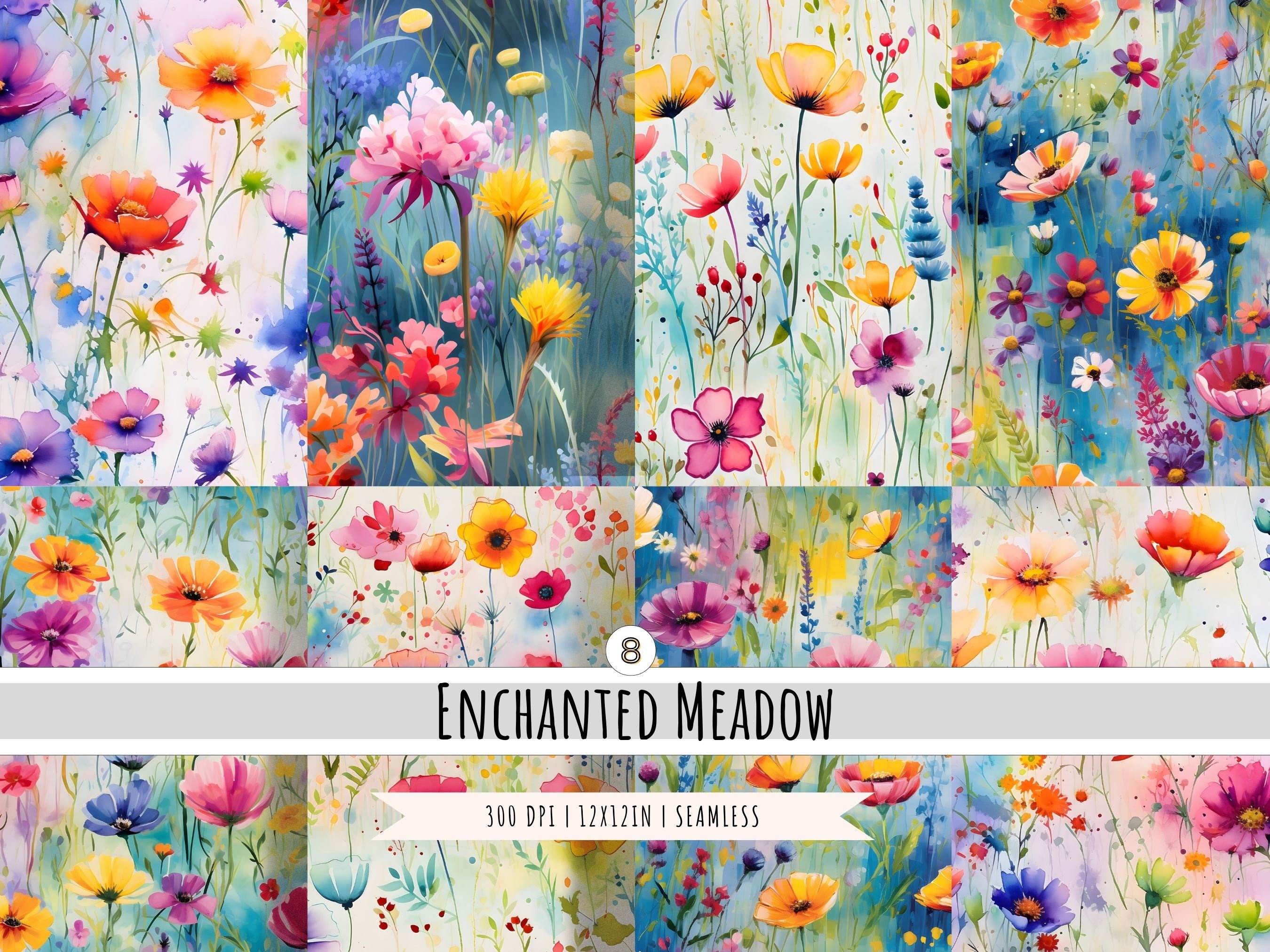 Watercolor Meadow Flowers Digital Paper 8 Designs SEAMLESS Patterns ...