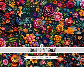 Mexican Embroidery 3D Flowers Digital Paper - 8 Designs - SEAMLESS Patterns - Colorful pattern - Mexican folk art - Commercial Use