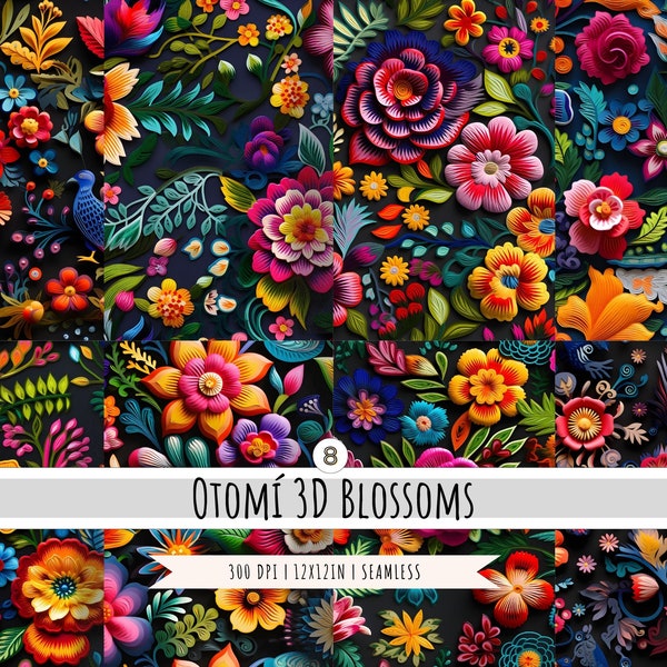 Mexican Embroidery 3D Flowers Digital Paper - 8 Designs - SEAMLESS Patterns - Colorful pattern - Mexican folk art - Commercial Use