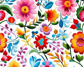Transparent Background Mexican Embroidery Flowers - 1 Design - SEAMLESS Pattern - Sublimation - Mexican Folk Art - Mexican Embroidery Art