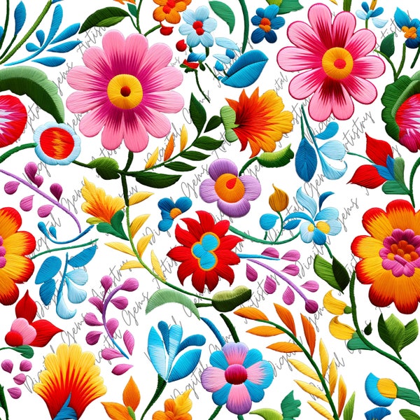 Transparent Background Mexican Embroidery Flowers - 1 Design - SEAMLESS Pattern - Sublimation - Mexican Folk Art - Mexican Embroidery Art