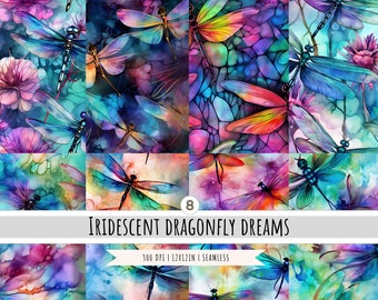 Alcohol Ink Dragonflies Digital Paper 8 Designs SEAMLESS Patterns Sublimation Design Commercial Use Instant Download Fabric Printing RGB