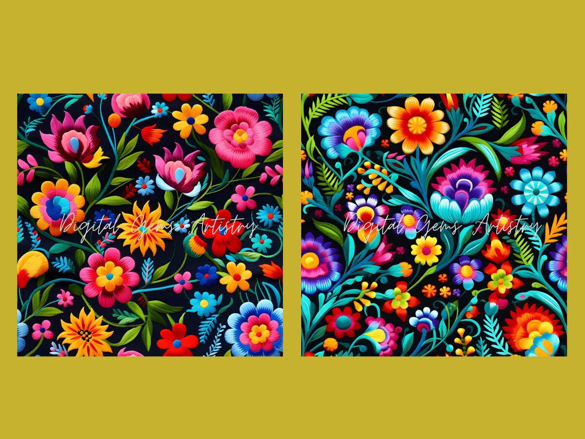 Mexican Embroidery Flowers Digital Paper 12 Designs - Etsy