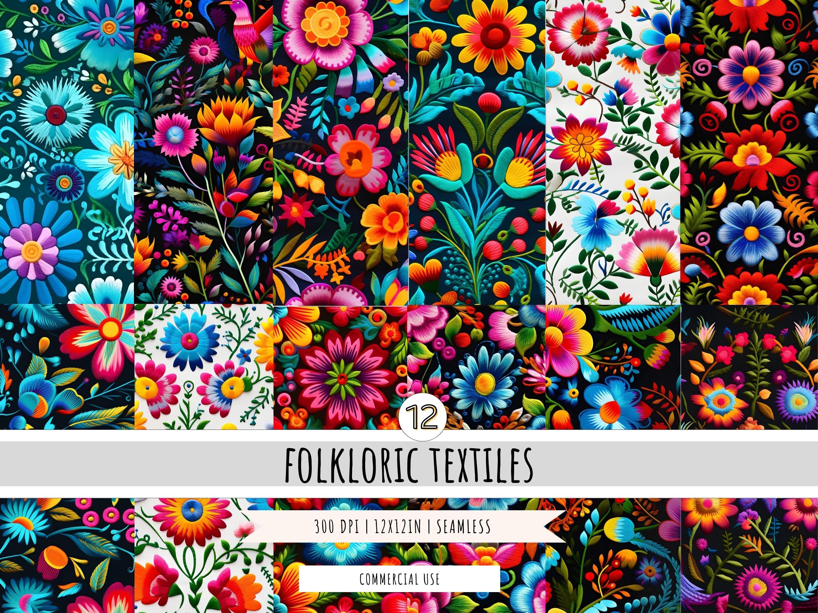 Mexican Embroidery Flowers Digital Paper 12 Designs - Etsy