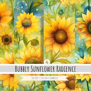May include: Four seamless digital paper patterns featuring watercolor sunflowers with a bubbly, abstract background. The patterns are 300 DPI and 12x12 inches.