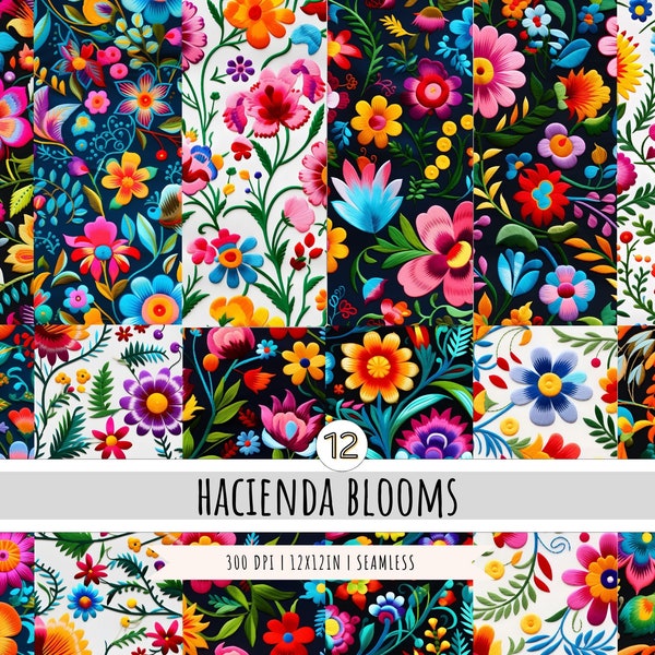 Mexican Embroidery Flowers Digital Paper - 12 Designs - SEAMLESS Patterns - Colorful pattern - Mexican folk art - Mexican embroidery art