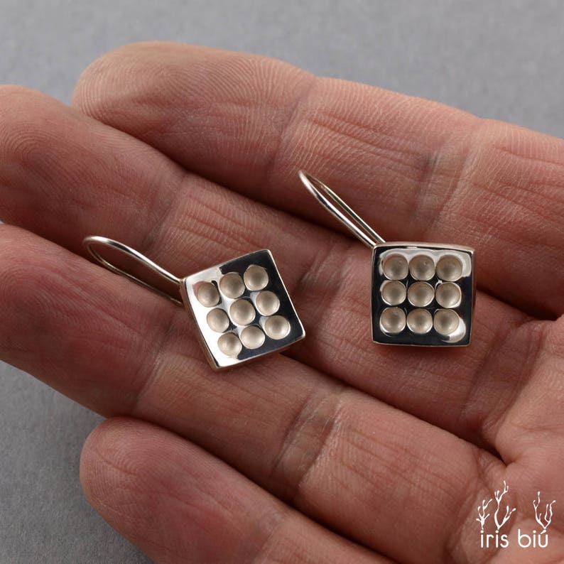 Dangling earrings in Sterling Silver Alveoli BO2 element 12 mm square Hand-made in France. diamond IrisBiu