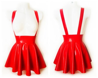 XXS-4XL High waist latex full circle mini skater skirt with braces