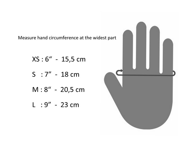 Pu&ograve; includere: Diagramma che mostra come misurare la circonferenza della mano per la misurazione dei guanti. Il diagramma mostra una mano con un metro a nastro attorno alla parte pi&ugrave; larga della mano. Il testo sotto il diagramma mostra la misura del guanto corrispondente in pollici e centimetri: XS: 6" - 15,5 cm, S: 7" - 18 cm, M: 8" - 20,5 cm, L: 9" - 23 cm.