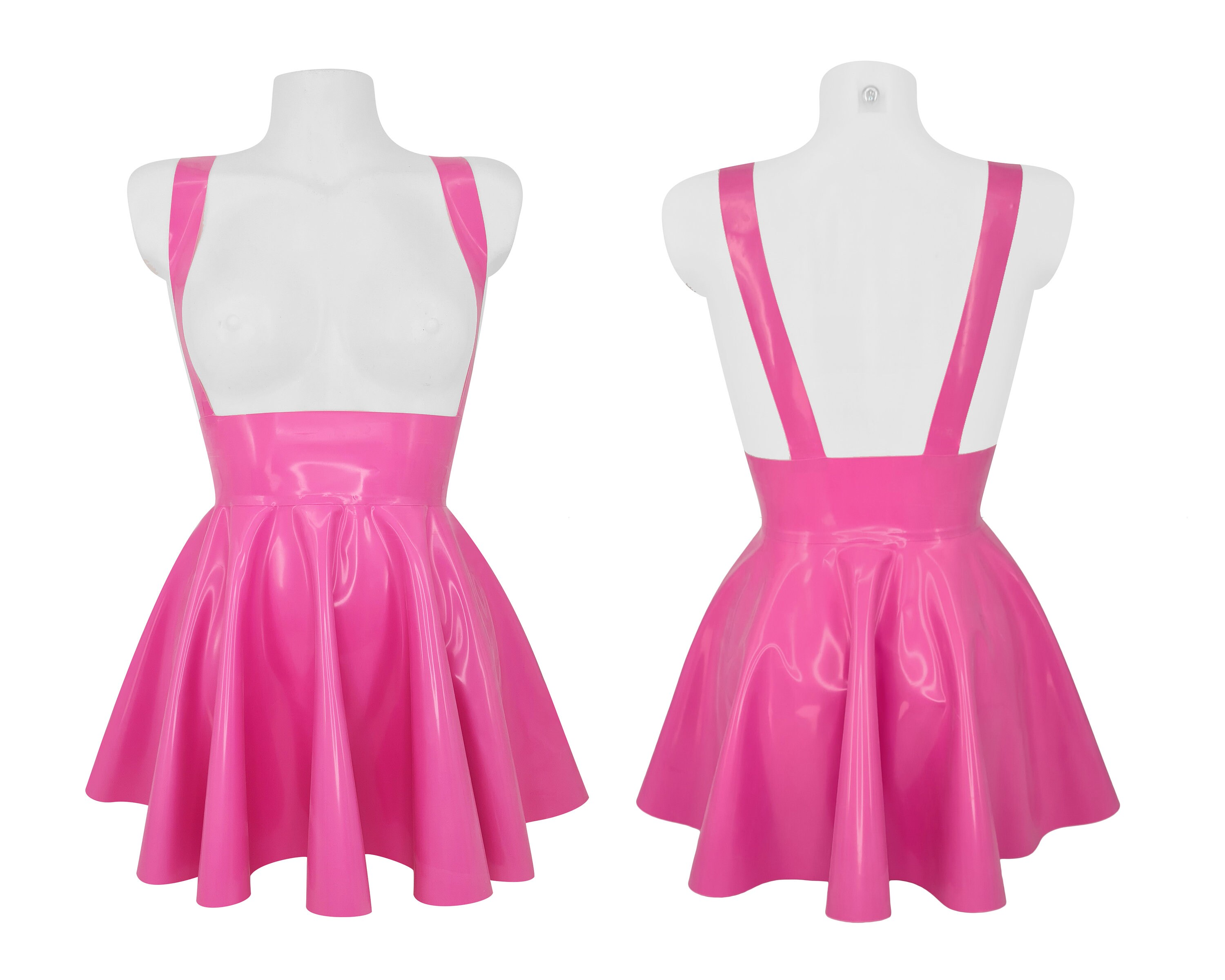XS-4XL High waist latex full circle mini skater skirt with braces