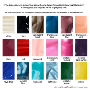 Pu&ograve; includere: Una tabella che mostra 16 diversi colori di lattice, tra cui bianco, nero, nero traslucido, blu traslucido, lilla traslucido, rosa traslucido, prugna, rosso, rosa baby, rosa bubblegum, fucsia metallizzato, viola scuro metallizzato, blu reale, blu metallizzato, turchese, blu chiaro, verde metallizzato e giallo.
