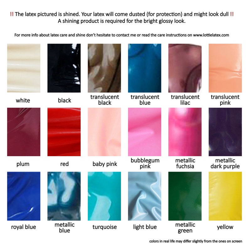 Pu&ograve; includere: Una tabella che mostra 16 diversi colori di lattice, tra cui bianco, nero, nero traslucido, blu traslucido, lilla traslucido, rosa traslucido, prugna, rosso, rosa baby, rosa bubblegum, fucsia metallizzato, viola scuro metallizzato, blu reale, blu metallizzato, turchese, blu chiaro, verde metallizzato e giallo.