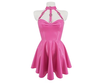 XS-3XL Latex Harness Bandeau Skater Kleid (Silber, Gold oder Regenbogen-Hardware)