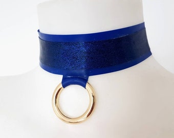 Latex glitter/pattern O-ring choker (silver, gold or rainbow ring)