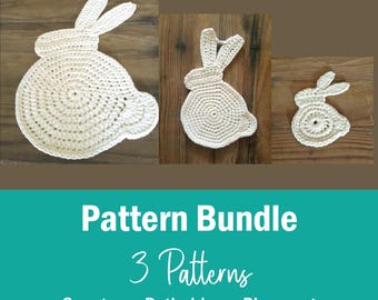 May include: A set of three crochet bunny patterns for a coaster, potholder, and placemat. The patterns are all in white and feature a bunny design.