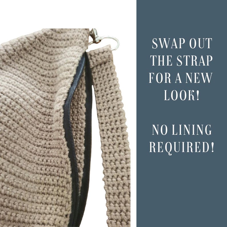 Puede incluir: Primer plano de un bolso de crochet beige con cierre de cremallera y una correa de crochet. El texto "SWAP OUT THE STRAP FOR A NEW LOOK! NO LINING REQUIRED!" es visible en el lado derecho de la imagen.