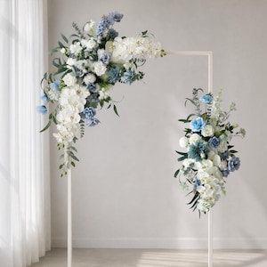 Dusty Blue & White Orchids Artificial Floral Arch Arrangement - Rectangular Wedding Faux Flower Swag