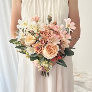 Peach, Rust Orange, Blush Bridal Bouquet 12” Artificial/ Peach and Pink Rose Wedding Bouquet/  Orange and Champagne Bridesmaid Bouquet