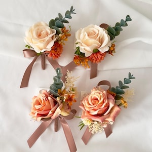 Autumn Rose Boutonniere & Corsage Set: Fall Wedding Floral Pins for for Groom and Groomsmen