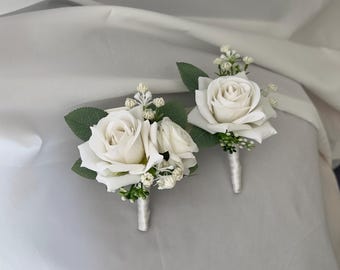 Handmade White Rose Boutonniere: Rustic Wedding Groomsmen Accessory